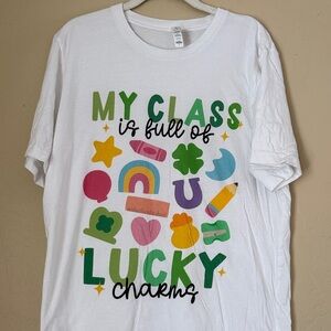 Teacher White Tee with Colorful Lucky Charms
